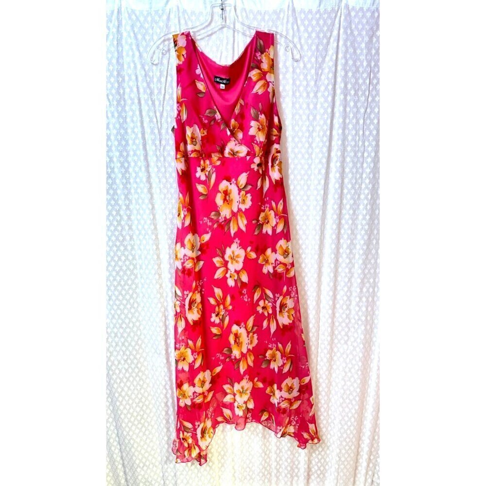 Meghan Matthews Midi Chiffon Dress Size 14 Floral Pink Handkerchief Hem